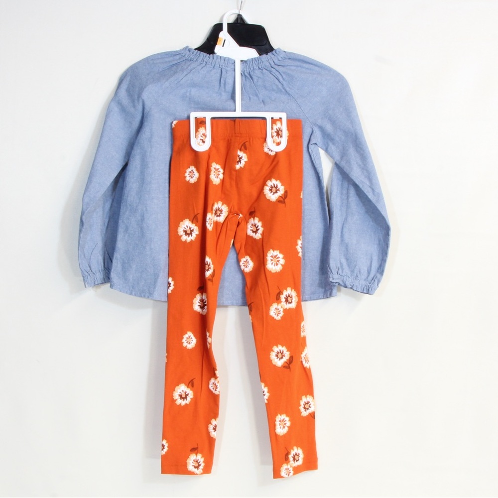 Carter's 2-Piece Blue Chambray Top & Orange Floral Legging Set Size 7/7A - Picture 3 of 4